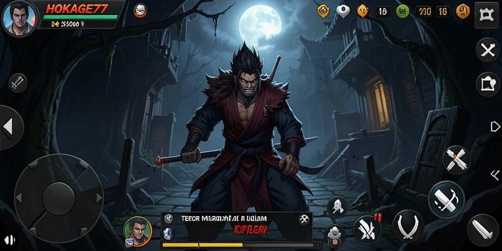 Screenshot gameplay HOKAGE77 menampilkan suasana gelap dan menakutkan.