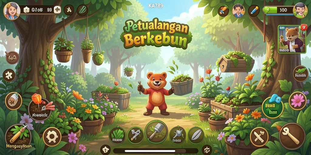Screenshot gameplay KA789 menampilkan kebun yang subur dan beragam tanaman.
