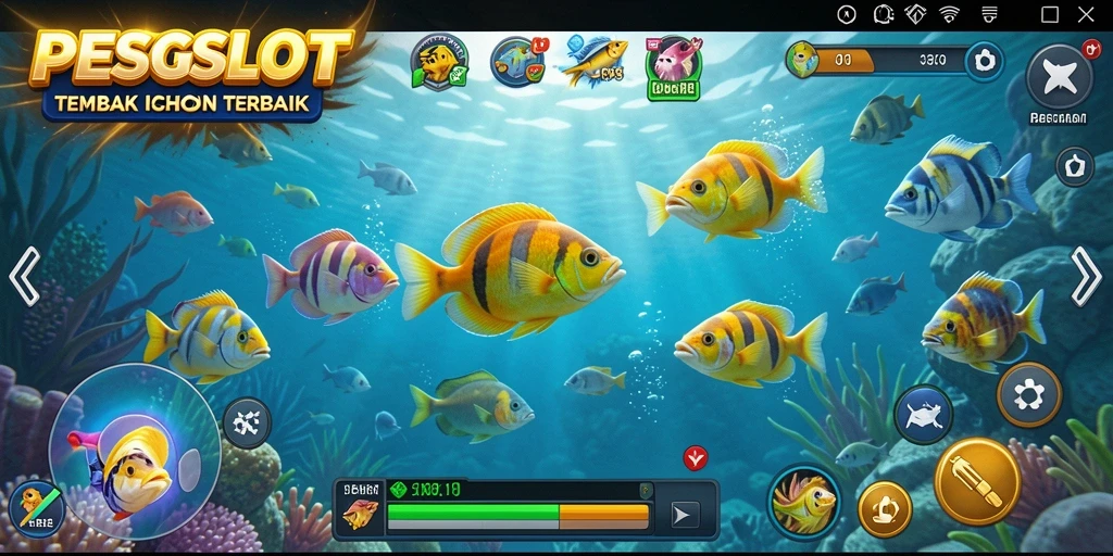 Tampilan gameplay seru dalam PESGSLOT menunjukkan aksi menembak ikan.
