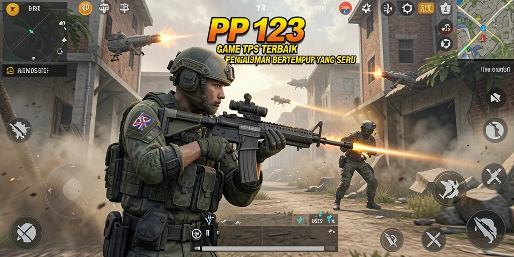 Screenshot utama PP123 menunjukkan aksi pertempuran seru di arena TPS.